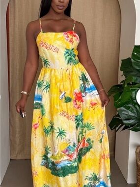 Endless Moon Yellow Tropical Print Maxi Dress - Jamaica Motif